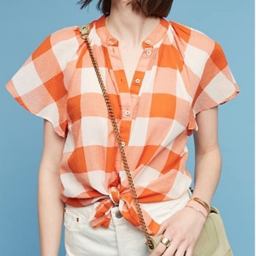 Anthropologie maeve orange checkered shirt flutter sleeve plaid button down
